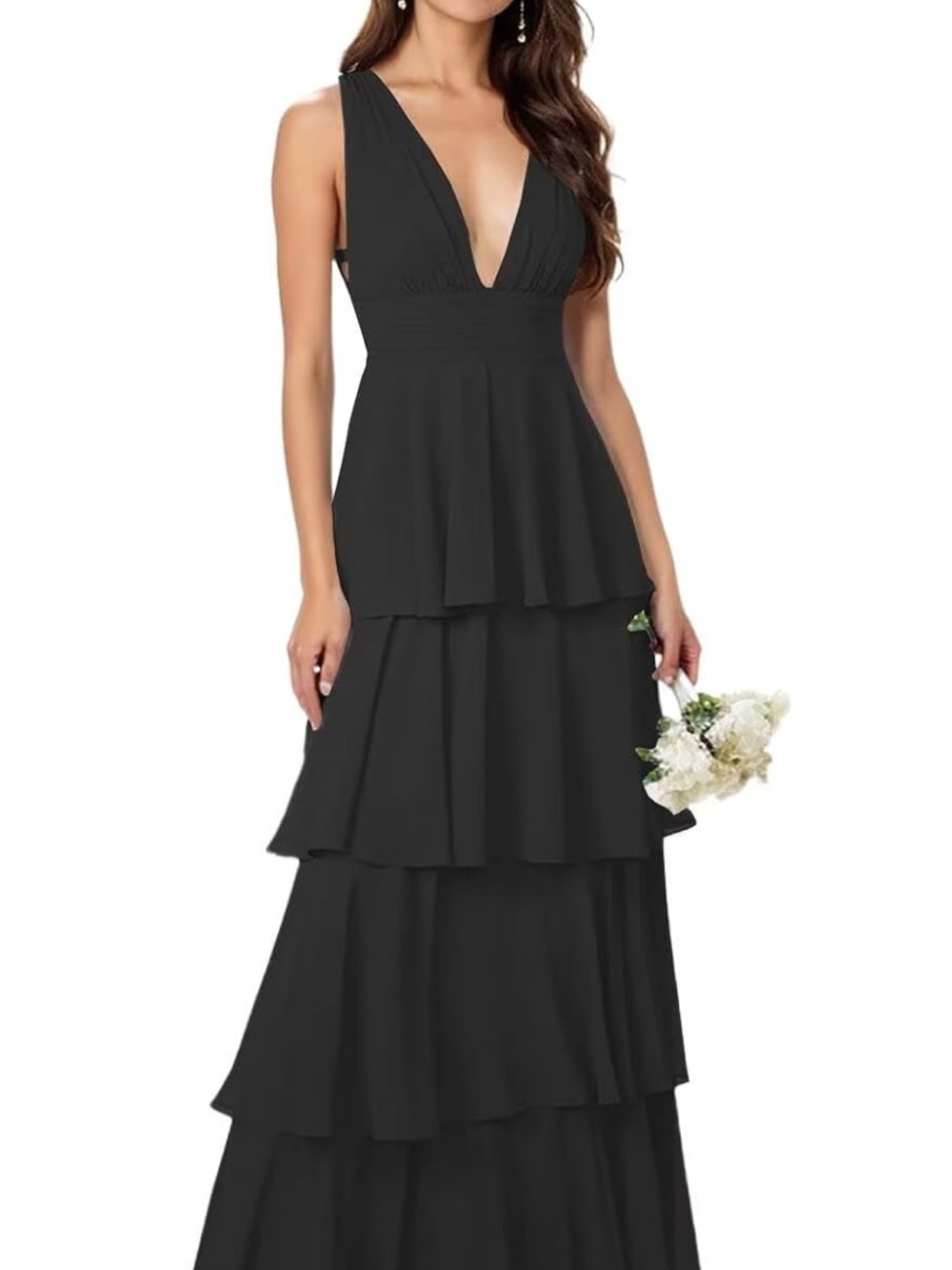 Elegant Black Tiered V-Neck Women's  Dress chiffon fabric